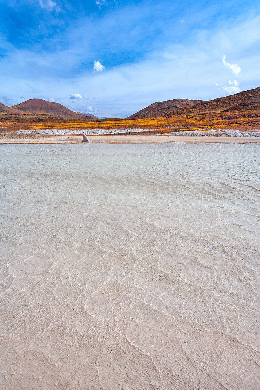 Tuyajto泻湖和盐湖在Altiplano(高安第斯高原)海拔超过4000米，盐壳在海岸，Los Flamencos国家保护区，阿塔卡马沙漠，智利，南美安托法加斯塔地区